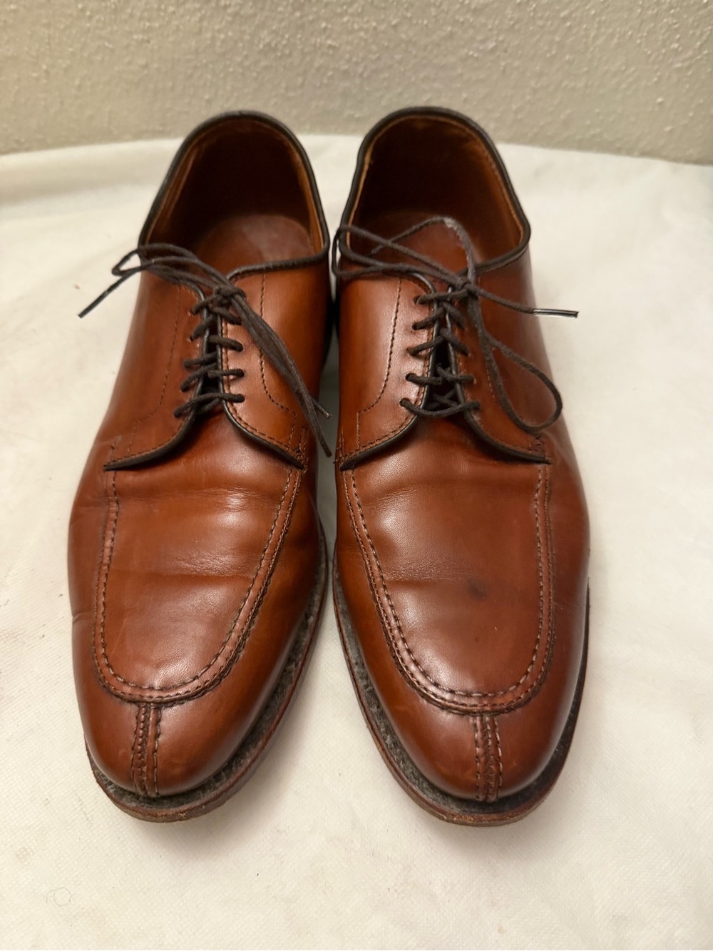 Allen Edmonds Cognac Brown Leather Split-Toe Derby Shoes, pre-owned, SZ9.5